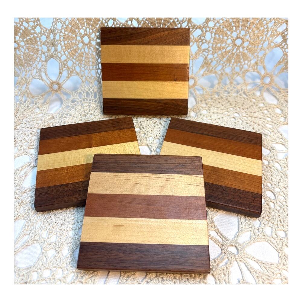 Handcrafted Hardwood Striped Wooden Coaster Set of Four (4)